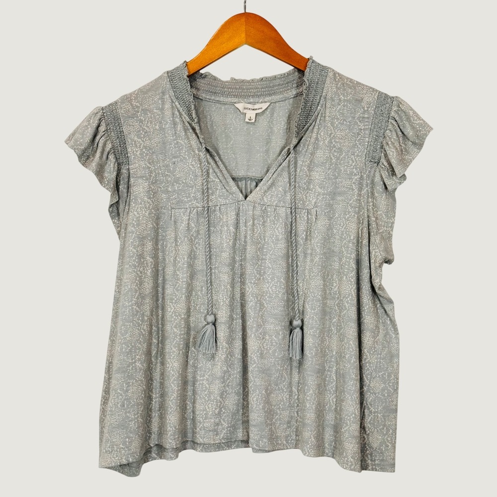 Lucky Brand Blouse Women L Green Print Tassel V-Neck Smocked Flutter Sleeve Boho